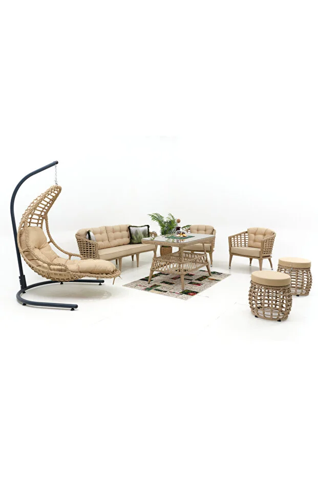 Linda Rattan Bahçe Balkon Oturma Grubu (3 1 1 MASA 2 PUF) Salıncak